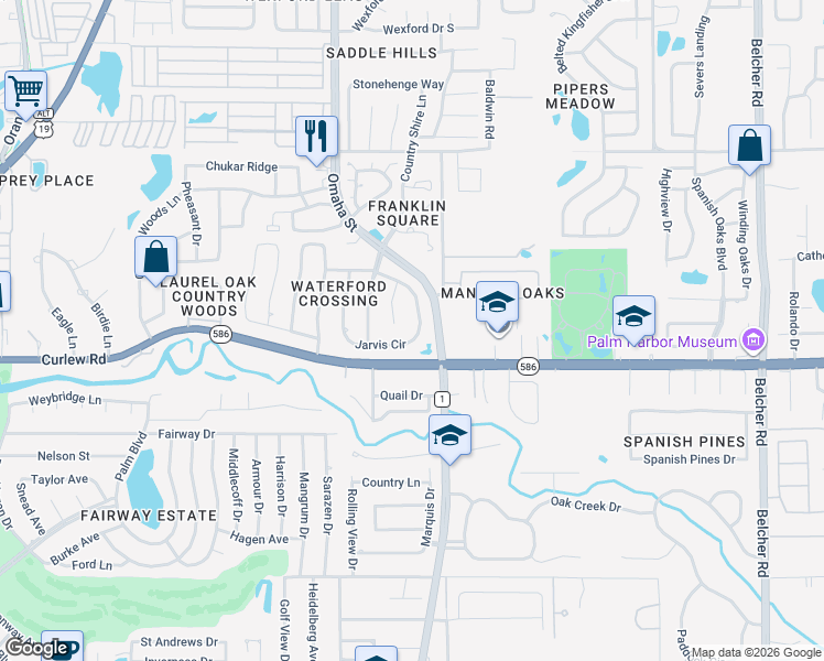 map of restaurants, bars, coffee shops, grocery stores, and more near 2762 Jarvis Circle in Palm Harbor