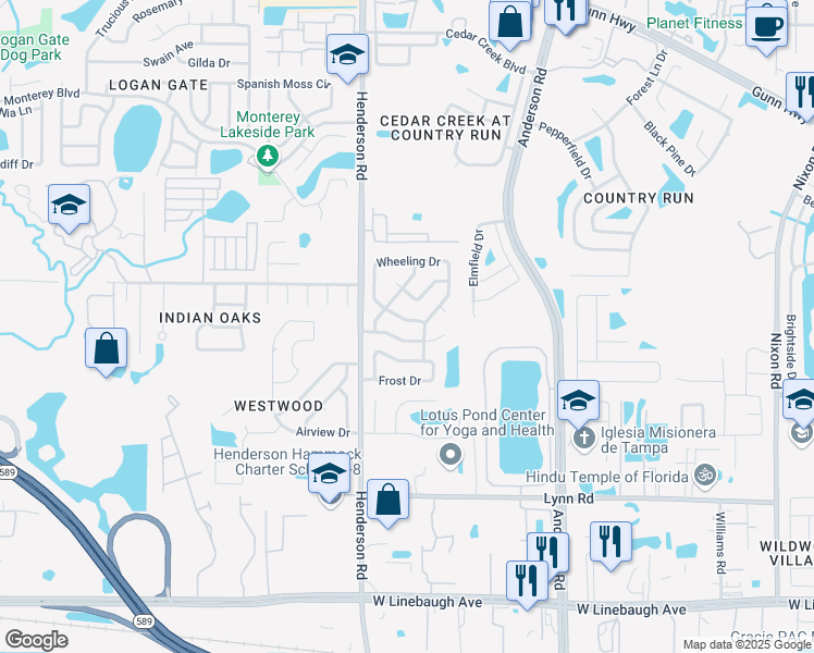 map of restaurants, bars, coffee shops, grocery stores, and more near 11443 Wheeling Drive in Tampa