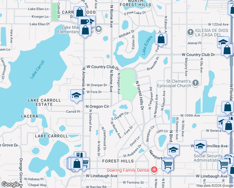 map of restaurants, bars, coffee shops, grocery stores, and more near 11005 North Oregon Avenue in Tampa