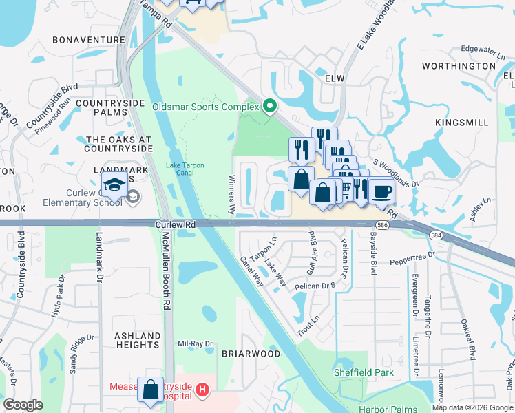 map of restaurants, bars, coffee shops, grocery stores, and more near 200 Countryside Key Boulevard in Oldsmar