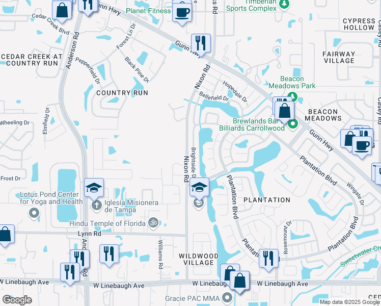 map of restaurants, bars, coffee shops, grocery stores, and more near 10934 Brightside Drive in Tampa