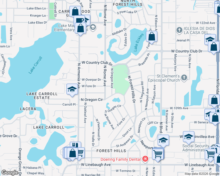 map of restaurants, bars, coffee shops, grocery stores, and more near 11005 North Oregon Avenue in Tampa