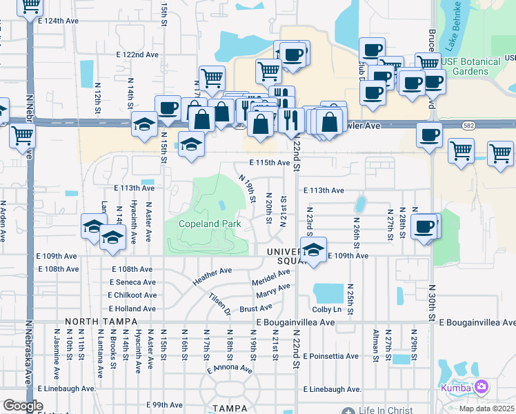 map of restaurants, bars, coffee shops, grocery stores, and more near 11103 North 19th Street in Tampa