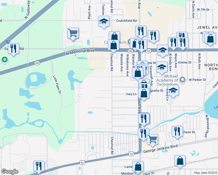 map of restaurants, bars, coffee shops, grocery stores, and more near 712 North Chestnut Road in Lakeland