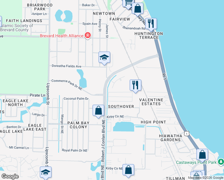 map of restaurants, bars, coffee shops, grocery stores, and more near 2501 Amberly Road Northeast in Palm Bay