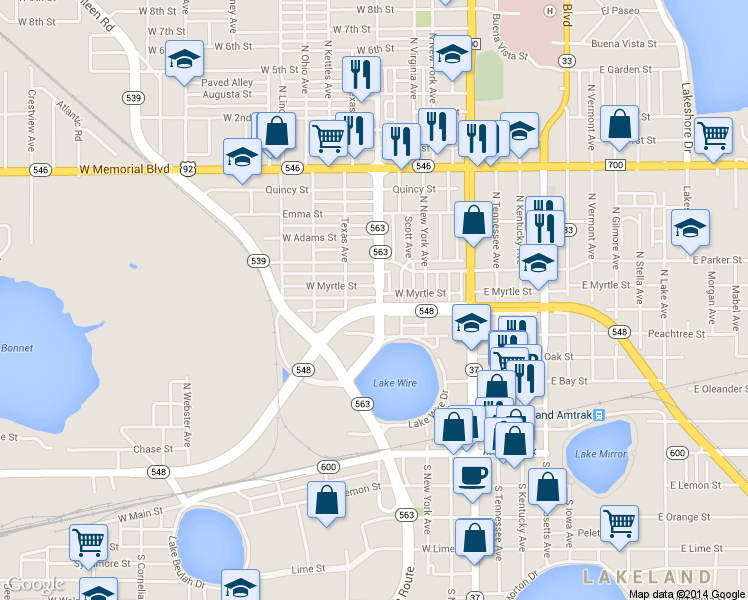 map of restaurants, bars, coffee shops, grocery stores, and more near 503 West Magnolia Street in Lakeland