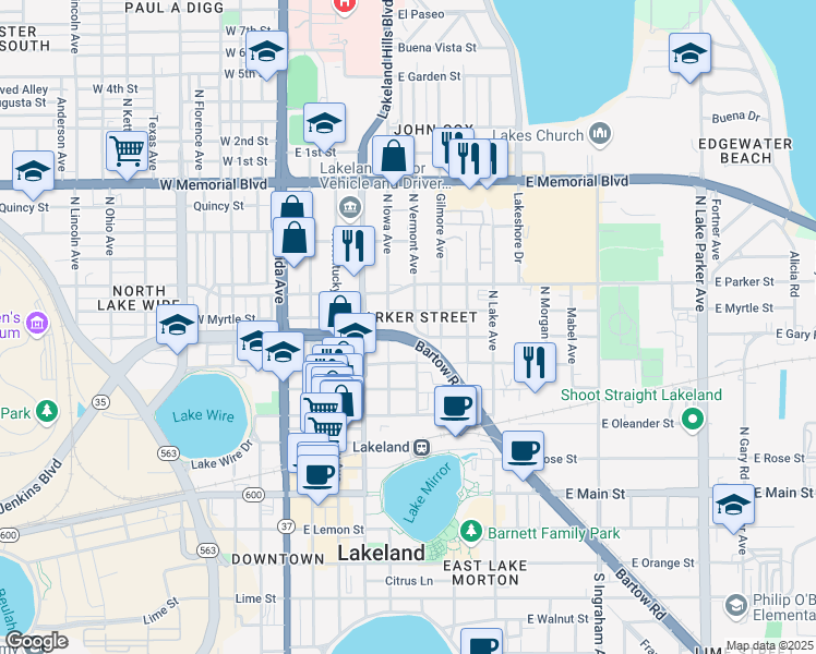 map of restaurants, bars, coffee shops, grocery stores, and more near 606 North Vermont Avenue in Lakeland