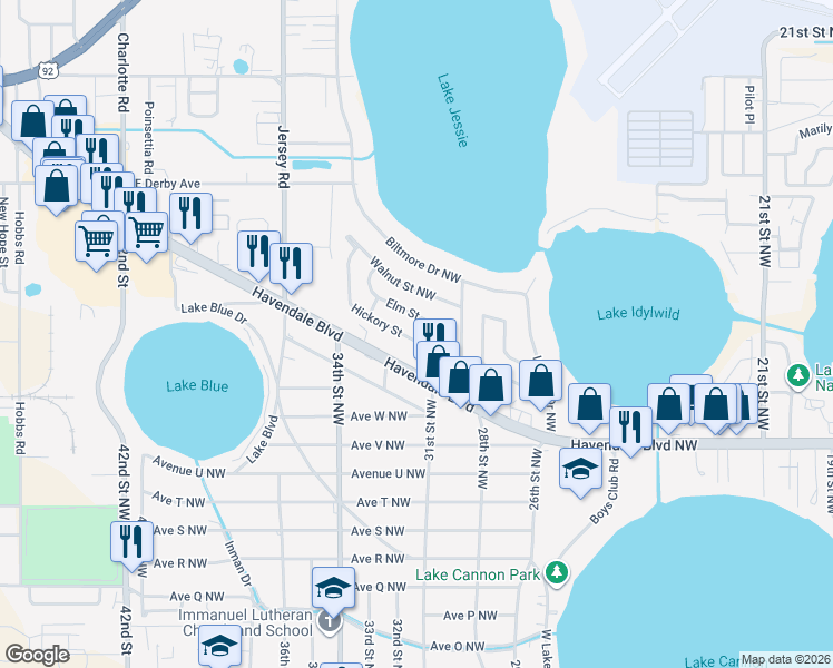 map of restaurants, bars, coffee shops, grocery stores, and more near 2931 Hickory Street in Winter Haven