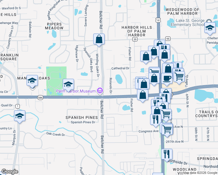 map of restaurants, bars, coffee shops, grocery stores, and more near 3538 Rolando Drive in Palm Harbor