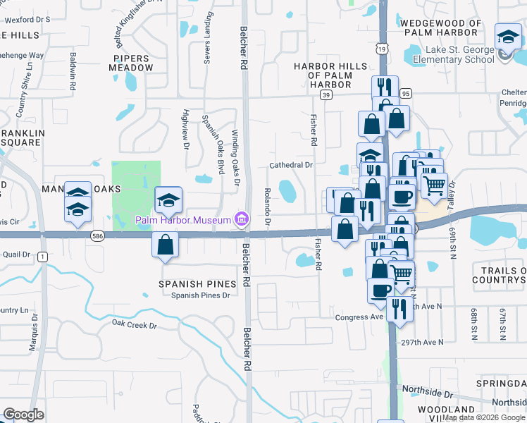map of restaurants, bars, coffee shops, grocery stores, and more near 3538 Rolando Drive in Palm Harbor