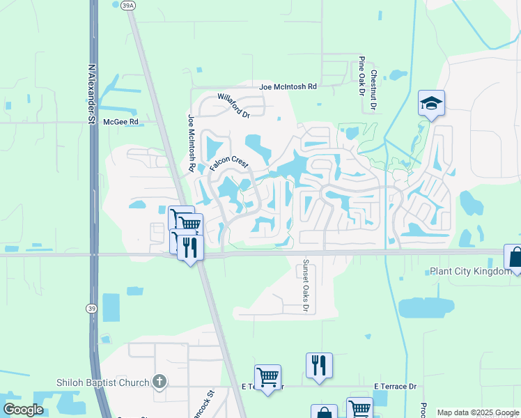 map of restaurants, bars, coffee shops, grocery stores, and more near 16 Cardinal Crest in Plant City