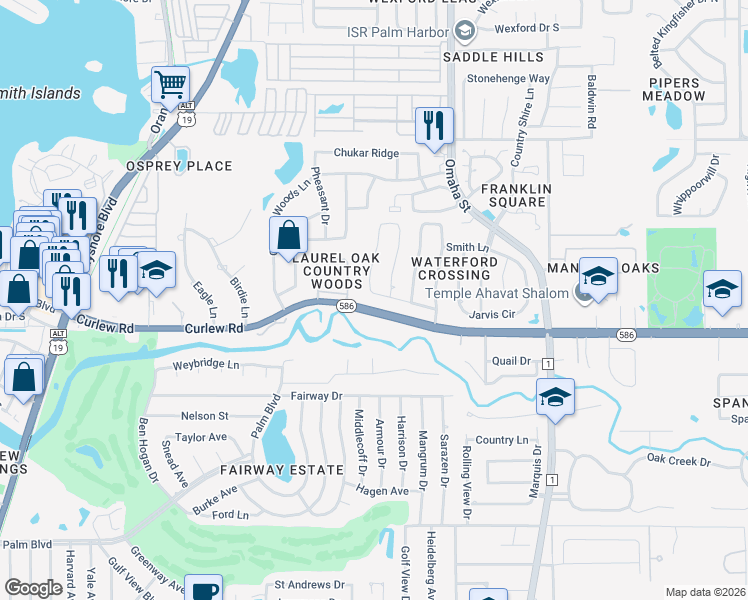 map of restaurants, bars, coffee shops, grocery stores, and more near 1559 McAuliffe Lane in Palm Harbor