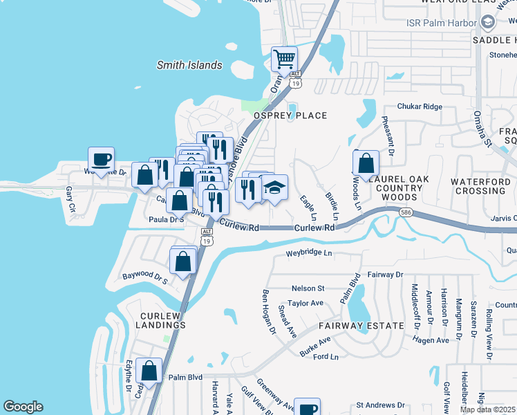 map of restaurants, bars, coffee shops, grocery stores, and more near 930 Curlew Road in Dunedin