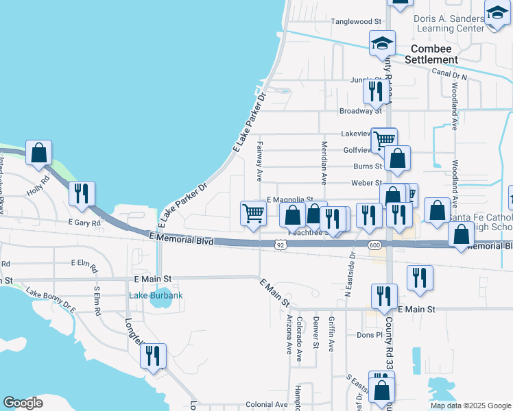 map of restaurants, bars, coffee shops, grocery stores, and more near 642 Fairway Avenue in Lakeland