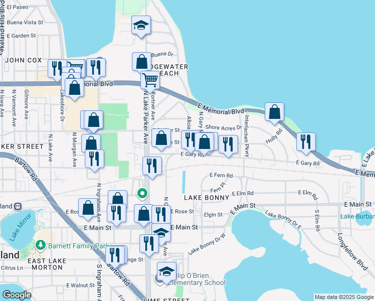 map of restaurants, bars, coffee shops, grocery stores, and more near 1340 East Gary Road in Lakeland
