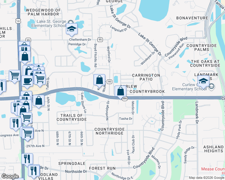 map of restaurants, bars, coffee shops, grocery stores, and more near 7 Mountain Laurel Drive in Palm Harbor