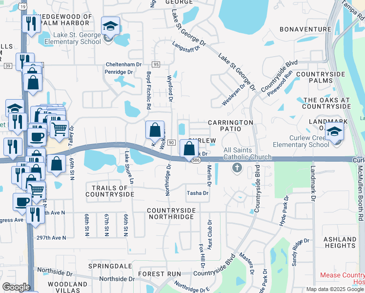 map of restaurants, bars, coffee shops, grocery stores, and more near 105 Pinebark Drive in Palm Harbor