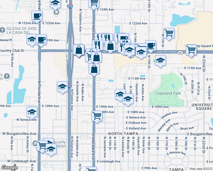 map of restaurants, bars, coffee shops, grocery stores, and more near 11115 North Nebraska Avenue in Tampa