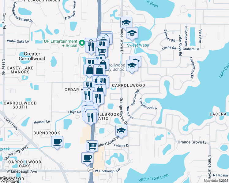 map of restaurants, bars, coffee shops, grocery stores, and more near 10930 Juniperus Place in Greater Carrollwood
