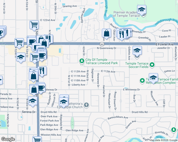 map of restaurants, bars, coffee shops, grocery stores, and more near 11201 North 63rd Street in Tampa