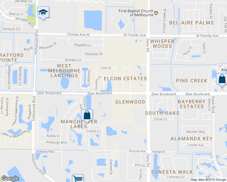 map of restaurants, bars, coffee shops, grocery stores, and more near 1215 Coventry Circle in Melbourne