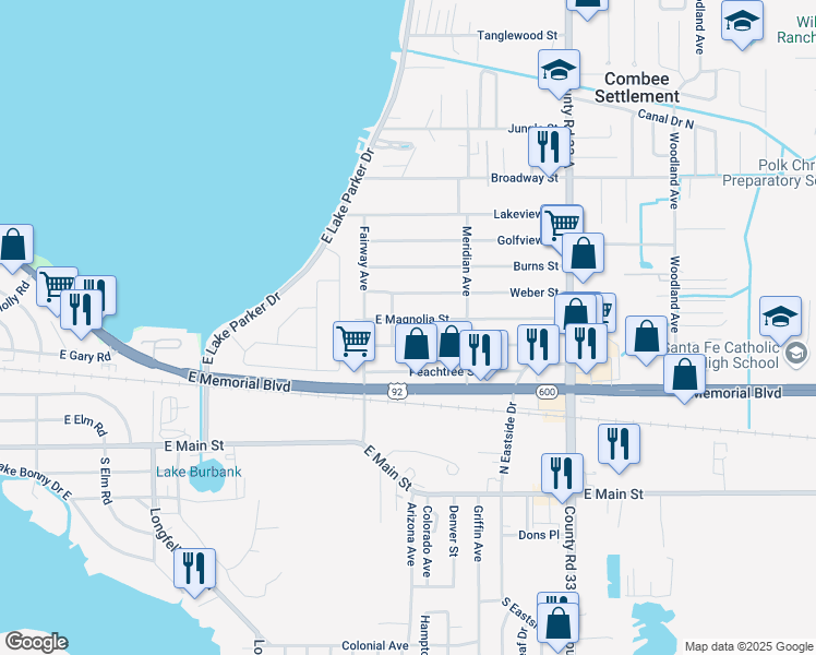 map of restaurants, bars, coffee shops, grocery stores, and more near 2223 East Magnolia Street in Lakeland