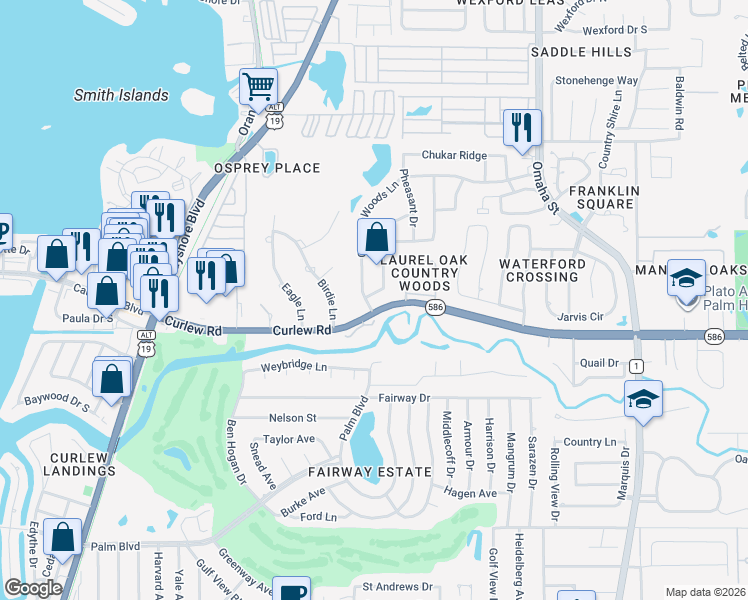 map of restaurants, bars, coffee shops, grocery stores, and more near 2617 Beagle Path Way in Palm Harbor