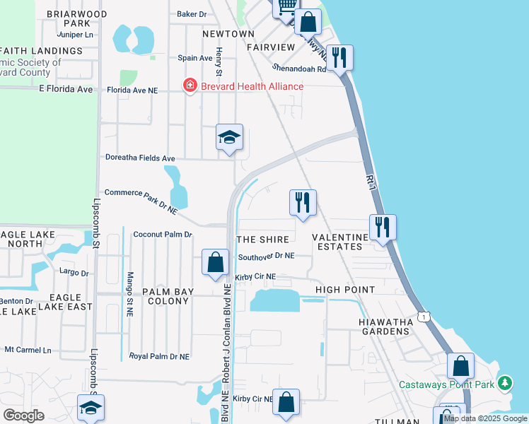 map of restaurants, bars, coffee shops, grocery stores, and more near 2545 Amberly Road Northeast in Palm Bay