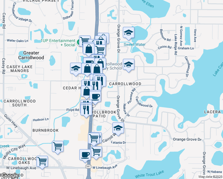 map of restaurants, bars, coffee shops, grocery stores, and more near 10930 Juniperus Place in Greater Carrollwood