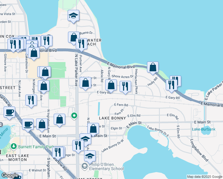 map of restaurants, bars, coffee shops, grocery stores, and more near 607 North Gary Road in Lakeland