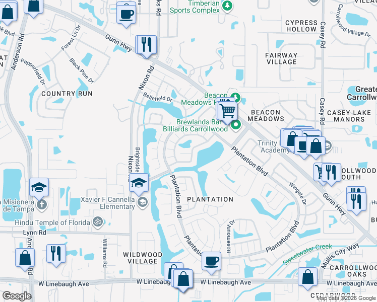 map of restaurants, bars, coffee shops, grocery stores, and more near 5103 Spicewood Court in Tampa