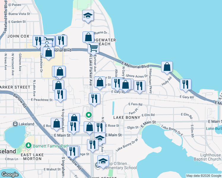 map of restaurants, bars, coffee shops, grocery stores, and more near 1340 East Gary Road in Lakeland