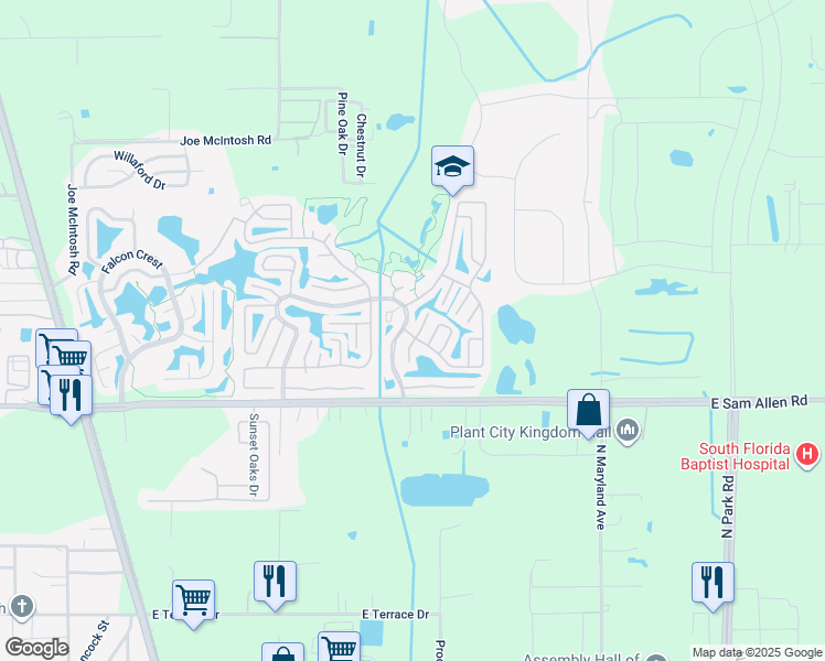 map of restaurants, bars, coffee shops, grocery stores, and more near 154 Country Lane in Plant City