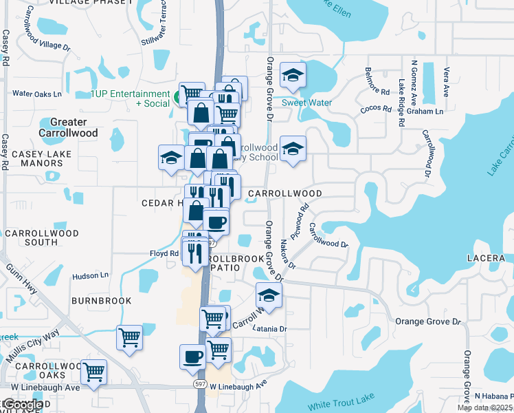 map of restaurants, bars, coffee shops, grocery stores, and more near 10930 Juniperus Place in Greater Carrollwood