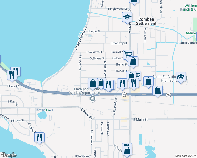 map of restaurants, bars, coffee shops, grocery stores, and more near 2319 East Magnolia Street in Lakeland