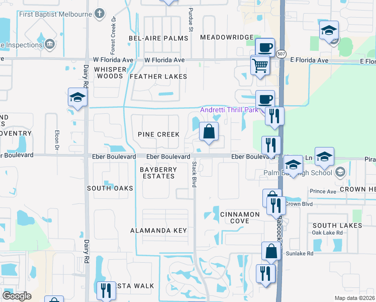 map of restaurants, bars, coffee shops, grocery stores, and more near 3901 Veranda Court in Melbourne