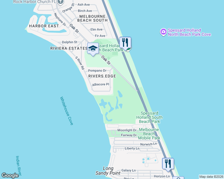 map of restaurants, bars, coffee shops, grocery stores, and more near 2325 Sea Horse Drive in Melbourne Beach