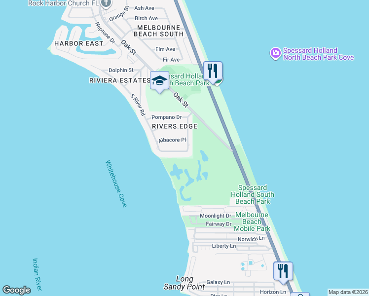map of restaurants, bars, coffee shops, grocery stores, and more near 2325 Sea Horse Drive in Melbourne Beach