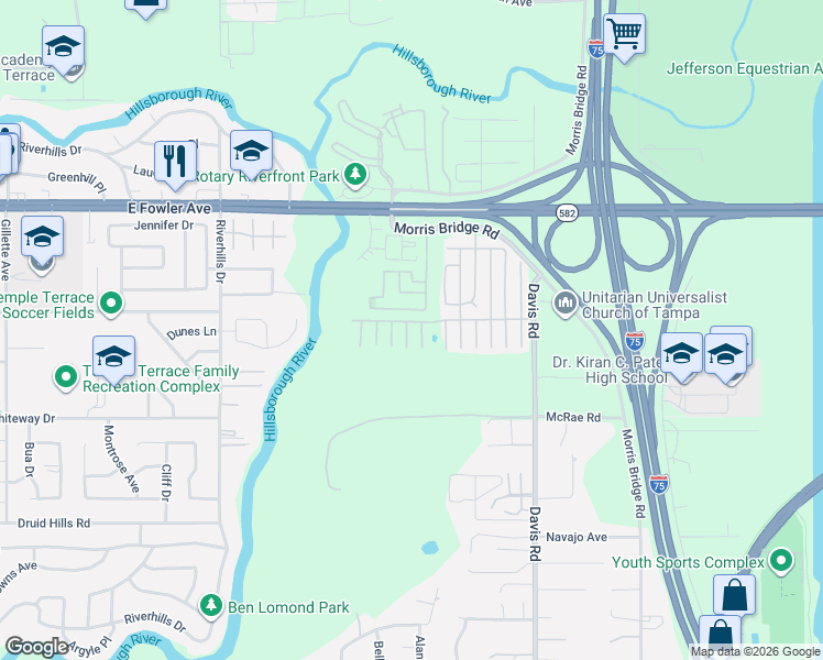 map of restaurants, bars, coffee shops, grocery stores, and more near 11409 Wayne Way in Tampa