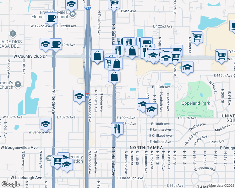 map of restaurants, bars, coffee shops, grocery stores, and more near 11123 North Nebraska Avenue in Tampa