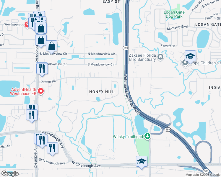 map of restaurants, bars, coffee shops, grocery stores, and more near 10924 Kidron Valley Lane in Tampa