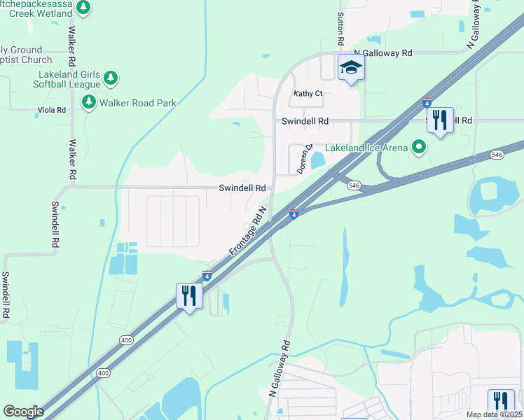 map of restaurants, bars, coffee shops, grocery stores, and more near 3629 Frontage Road North in Lakeland