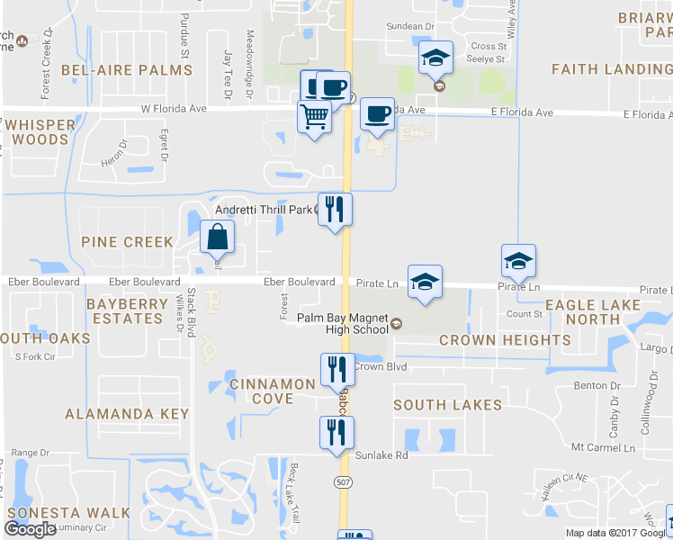 map of restaurants, bars, coffee shops, grocery stores, and more near 3998 South Babcock Street in Melbourne