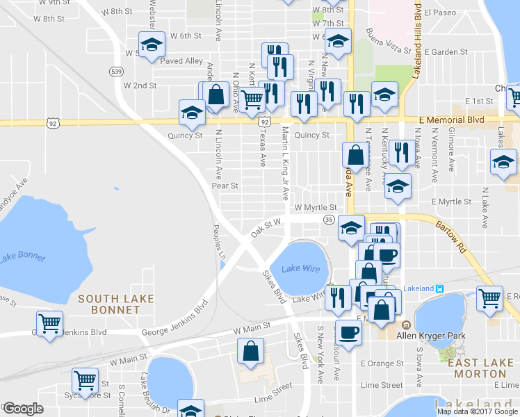 map of restaurants, bars, coffee shops, grocery stores, and more near 616 Texas Avenue in Lakeland