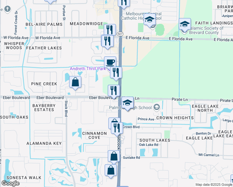 map of restaurants, bars, coffee shops, grocery stores, and more near 3998 South Babcock Street in Melbourne