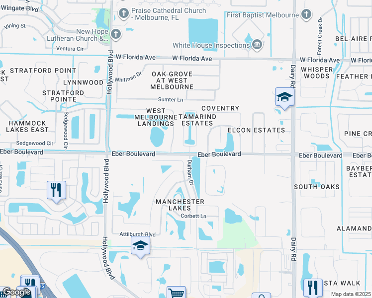 map of restaurants, bars, coffee shops, grocery stores, and more near 1471 Tamango Drive in West Melbourne