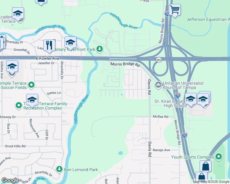 map of restaurants, bars, coffee shops, grocery stores, and more near 11409 Wayne Way in Tampa