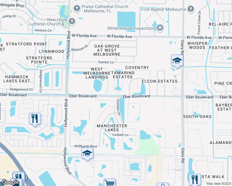 map of restaurants, bars, coffee shops, grocery stores, and more near 1471 Tamango Drive in West Melbourne