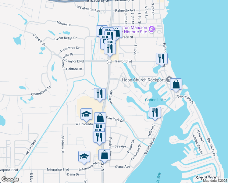 map of restaurants, bars, coffee shops, grocery stores, and more near 2629 Encina Drive in Rockport