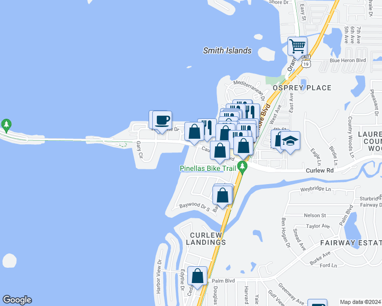 map of restaurants, bars, coffee shops, grocery stores, and more near 423 Paula Drive South in Dunedin